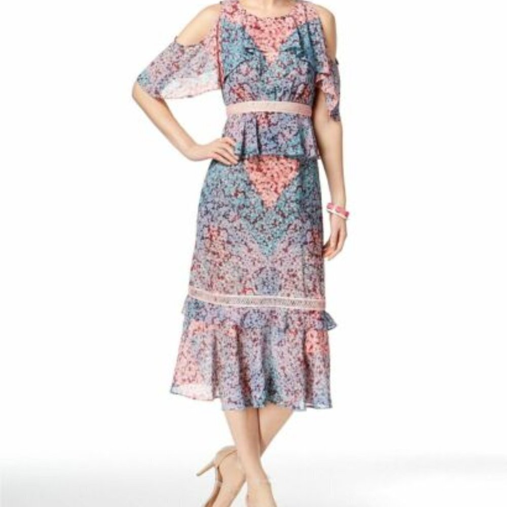 JAX Black Label Women's Blue Pink Floral Printed Cold Shoulder Dress 6